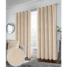 Cream Velvet, Supersoft, 100% Blackout, Thermal Pair of Curtains with Eyelet Top - 90 x 108 inch (229x274cm)