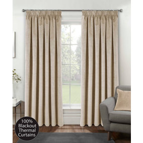 Cream Velvet, Supersoft, 100% Blackout, Thermal Pair of Curtains with Tape Top - 90 x 72 inch (229x183cm)