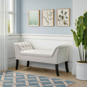 Creamy White Contemporary Velvet Buttoned Bench with Black Wood Legs