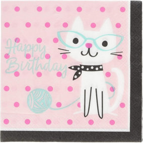 Creative Party Cute Cats Happy Birthday Napkins (Pack of 16) Pink/Black/White (One Size)