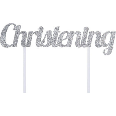 Creative Party Glitter Christening Cake Topper Silver (One Size)