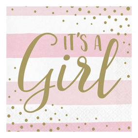 Creative Party Its A Girl Paper Disposable Napkins (Pack of 16) Pink/Gold/White (One Size)