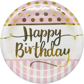 Creative Party louises party Paper Happy Birthday Dinner Plate White/Pink/Gold (One Size)