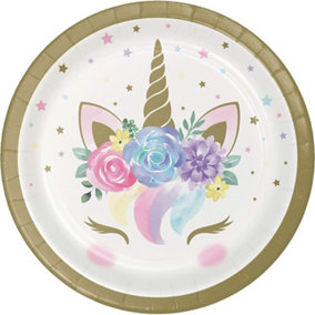 Creative Party Paper Floral Unicorn Disposable Plates (Pack of 8) White/Multicoloured (One Size)