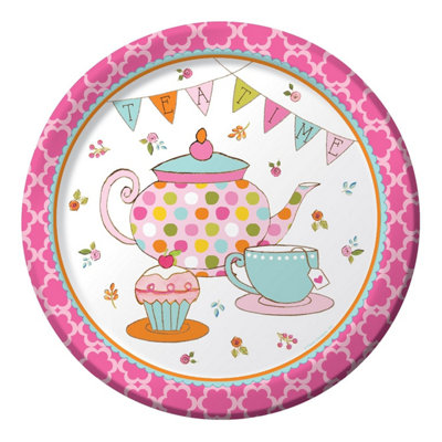 Creative Party Tea Time Paper Dinner Plate (Pack of 8) Pink/Multicoloured (One Size)