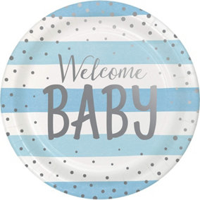 Creative Party Welcome Baby Paper Dinner Plate (Pack of 8) Blue/White/Silver (One Size)