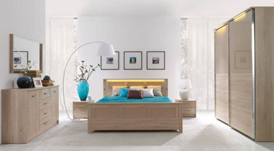 Cremona Ottoman Bed with LED Lights in Oak Sonoma & Cappuccino - W151cm H95cm D213cm, Elegant and Functional