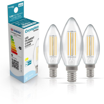 Crompton Lamps Filament Candle LED Light Bulb SES-E14, 5.9W, 60W Eqv, Warm White 2700K,15,000-Hrs, Clear, Dimmable, 3-Pack