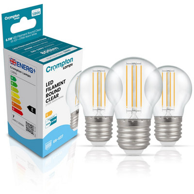 Crompton Lamps Filament Golfball LED Light Bulb ES-E27 6.5W 60W Equivalent Warm White 2700K Edison Screw 10000-Hrs Clear (3 Pack)