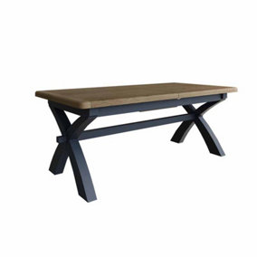 Cross Legged Extending Dining Table - Pine/MDF - L250 x W100 x H78 cm - Blue/Smoked Oak