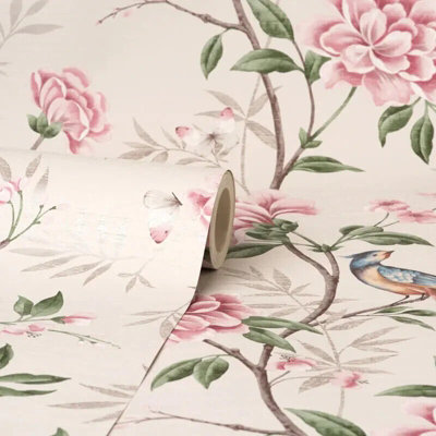 Crown Akina Floral Natural Leaf Textured Songbird Wallpaper M1725