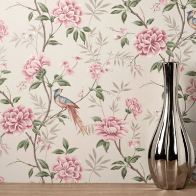 Crown Akina Floral Natural Leaf Textured Songbird Wallpaper M1725