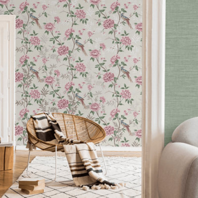 Crown Akina Floral Natural Leaf Textured Songbird Wallpaper M1725