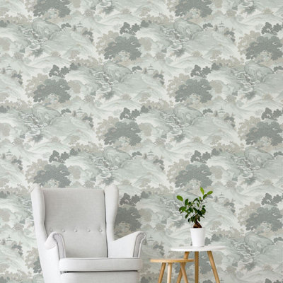 Crown Archives Oriental Landscape Wallpaper Eau De Nil Teal M1191