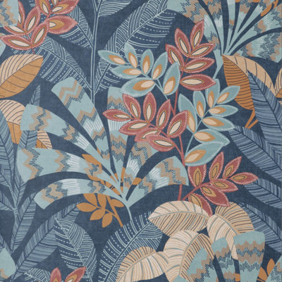 Crown Asha Leaves Navy Wallpaper M1736