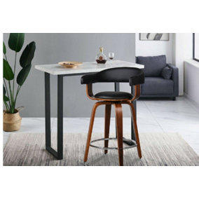 CROWN Bar Stool/Swivel Kitchen Chair,Walnut Effect Wood/Faux Black Leather