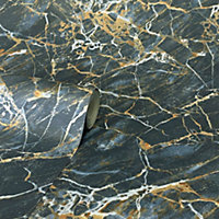 Crown Carbon Onyx Navy Blue & Bronze Marble Stone Wallpaper M1748