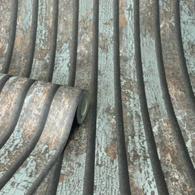 Crown Carbon Oxidize Teal & Copper Wall Panel Stripe Metallic Wallpaper M1750