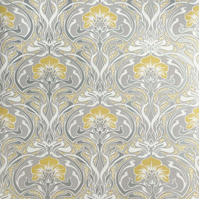 Crown Flora Nouveau Floral Russet Yellow / Grey Spongeable Wallpaper M1195