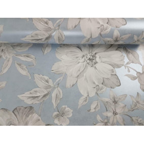 Crown Lucia Floral Blue / Grey Metallic Flat Surface Washable Wallpaper M1549