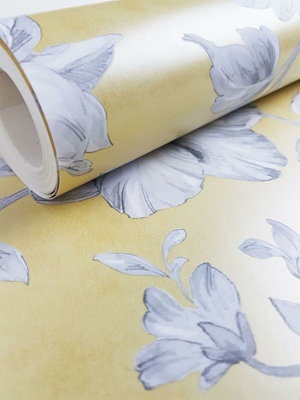 Crown Lucia Floral Yellow / Grey Metallic Flat Surface Washable Wallpaper M1550