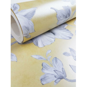 Crown Lucia Floral Yellow / Grey Metallic Flat Surface Washable Wallpaper M1550