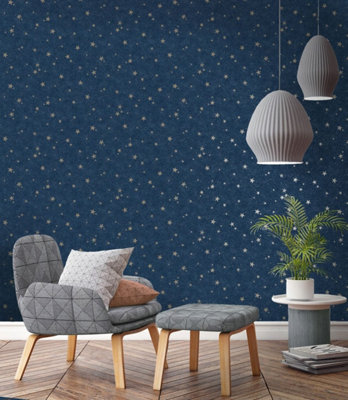 Crown Metallic Starlight Navy & Gold Wallpaper M1490