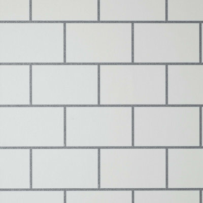 Crown Metro Tile White / Silver Metallic Textured Washable Wallpaper M1634