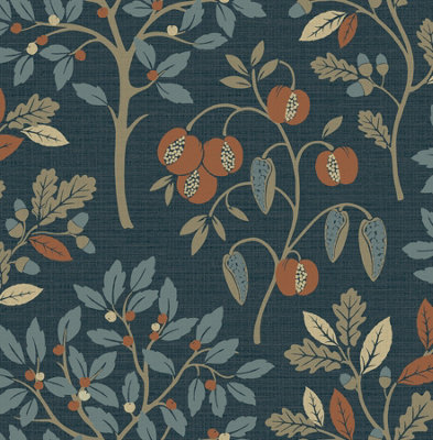 Crown Rowan Autumn Trees Navy Wallpaper M1761