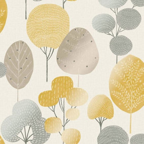 Crown Scandi Forest Tree Leaf Mustard/Grey Metallic Washable Wallpaper M1530