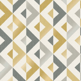 Crown Scandi Geo Triangular Mustard/Grey Metallic Flat Surface Wallpaper M1531