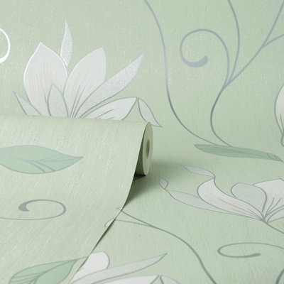 Crown Synergy Floral Green Wallpaper Glitter Silver Modern Feature Wall Vinyl