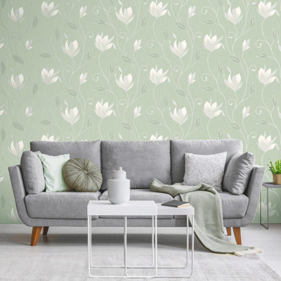 Crown Synergy Floral Green Wallpaper Glitter Silver Modern Feature Wall Vinyl