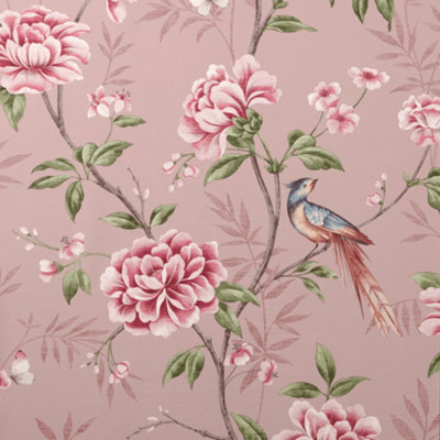 Crown Wallpaper Akina Floral Birds Blush Pink Fabric Effect Wallpaper M1726