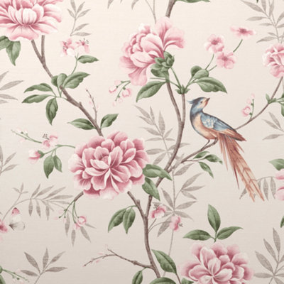 Crown Wallpaper Akina Floral Birds Natural & Pink Fabric Effect Wallpaper M1725