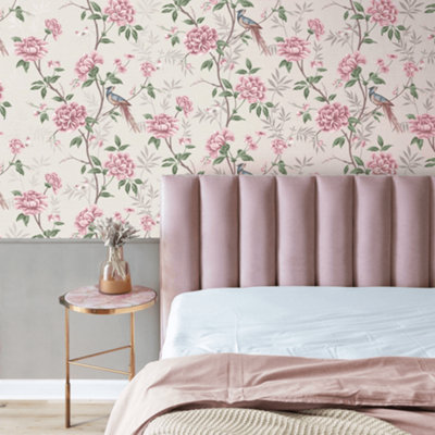 Crown Wallpaper Akina Floral Birds Natural & Pink Fabric Effect Wallpaper M1725