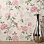 Crown Wallpaper Akina Floral Birds Natural & Pink Fabric Effect Wallpaper M1725