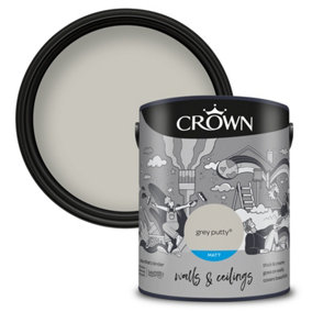 Crown Walls & Ceilings Matt Emulsion Paint Grey Putty - 5L