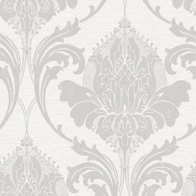 Crown Zahra Damask Silver Grey Quality Feature Designer Washable Wallpaper M1158