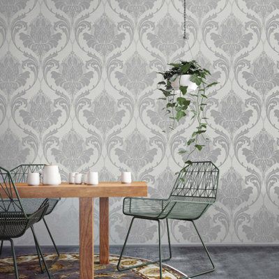 Crown Zahra Damask Silver Grey Quality Feature Designer Washable Wallpaper M1158