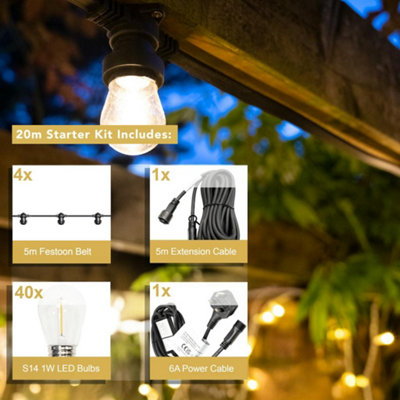 Crownvine 20m Festoon Lights Starter Kit - S14 1W E27 - Black Flat ...