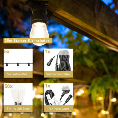 Crownvine 25m Festoon Lights Starter Kit - S14 1W E27 - Black Flat ...
