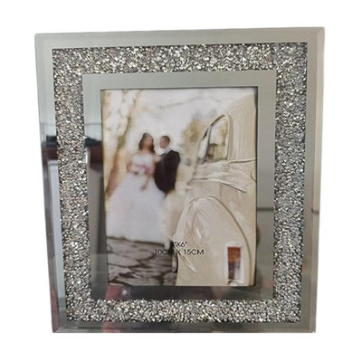 Crushed Crystal Photo Frame Jewel Mirror Silver Diamante Picture Frame XS