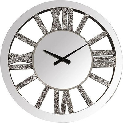 Crushed Crystal Wall Clock Round Mirrored Wall Silent Clock Chic