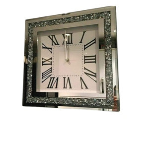 Crushed Diamond Silver Square Wall Clock Roman Numbers