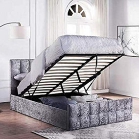 Crushed Velvet Bed Ottoman Bed Frame With Storage Underneath Luxury Silver Velvet Gas Lift Up Bed Frame With Memory Foam Mattress
