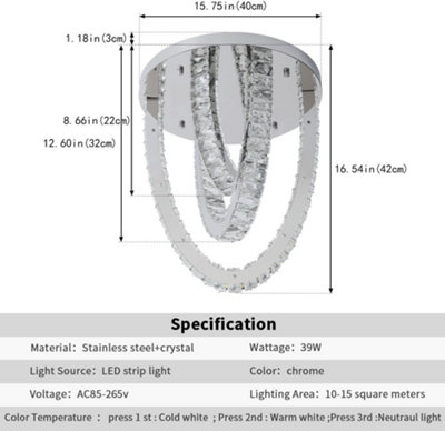 Crystal Silver Ceiling Light LED Ceiling Lamps Chandelier 3 Color ...