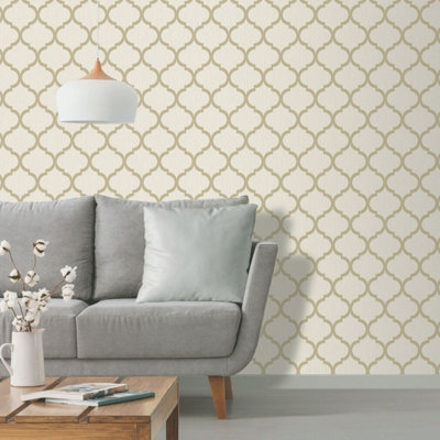 Crystal Trellis Wallpaper Ivory / Gold Debona 8898