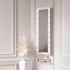 Crystal Wall Door Mounted Full Length Mirror Jewellery Cabinet with LED Lights & Hair Dryer Holder Makeup Storage White