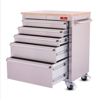 Crytec 26" Stainless steel tool cabinet with 5 drawers and wooden worktop